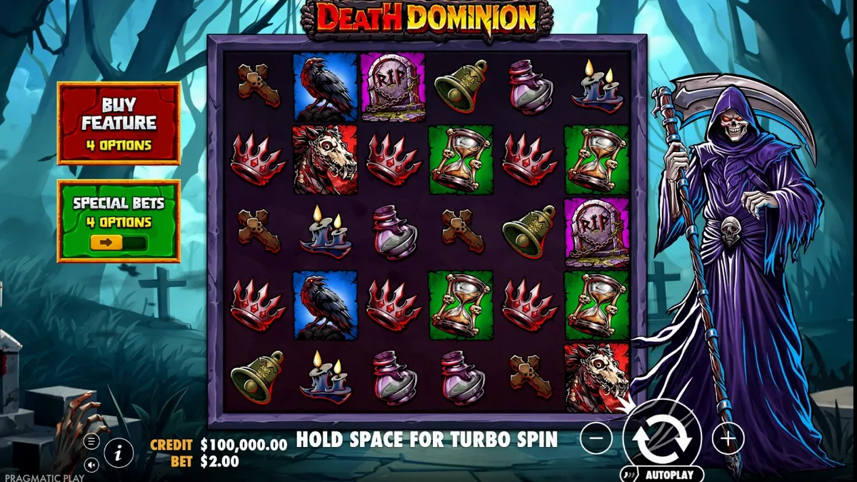 Ang madilim at gothic na disenyo ng Death Dominion slot na may Grim Reaper sa background.