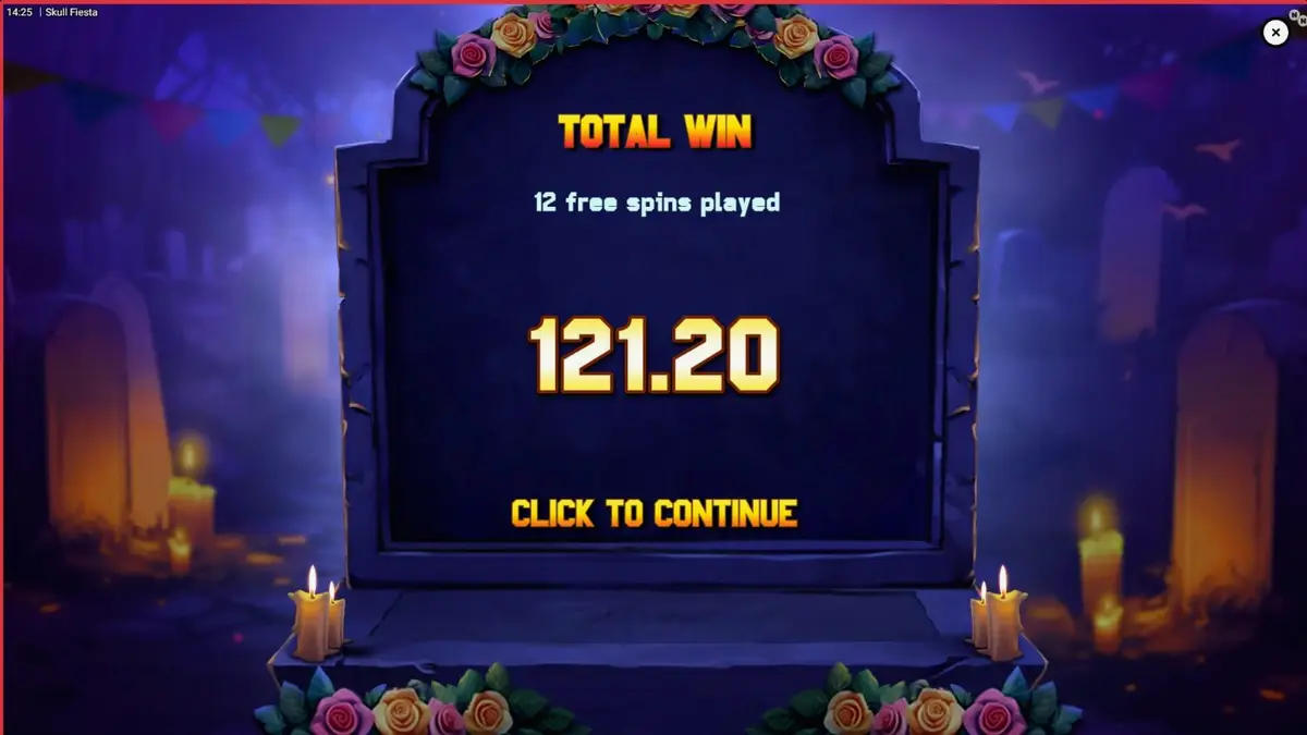 Skull Fiesta slot machine screen na may temang Day of the Dead